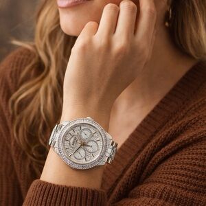 Fossil Full Glitz Silver and Crystal Womens Watch Rare